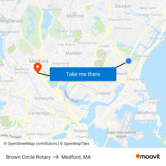 Brown Circle Rotary to Medford, MA map