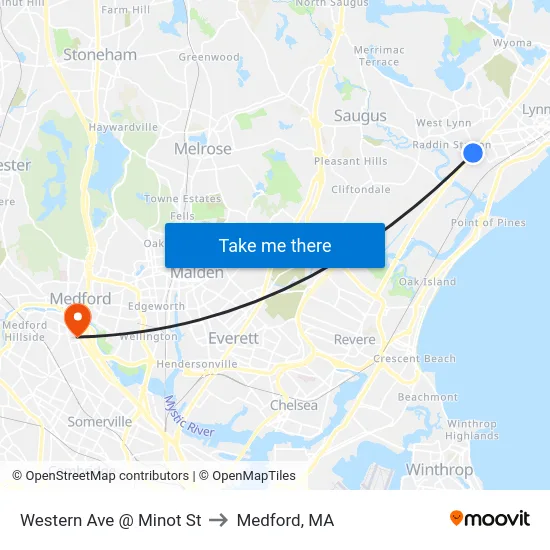 Western Ave @ Minot St to Medford, MA map