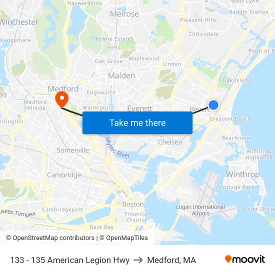 133 - 135 American Legion Hwy to Medford, MA map