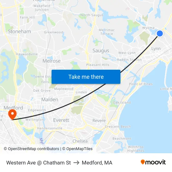 Western Ave @ Chatham St to Medford, MA map