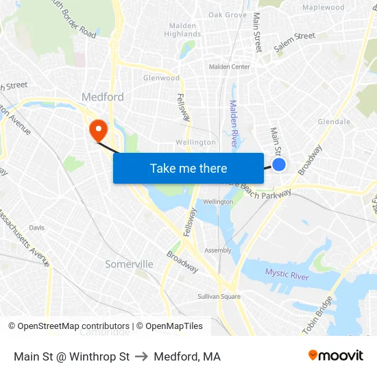 Main St @ Winthrop St to Medford, MA map
