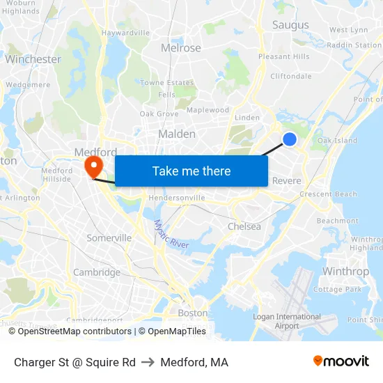 Charger St @ Squire Rd to Medford, MA map