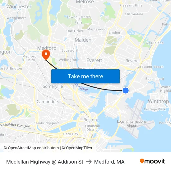 Mcclellan Highway @ Addison St to Medford, MA map