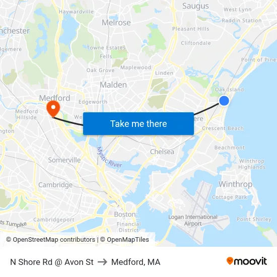 N Shore Rd @ Avon St to Medford, MA map