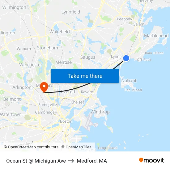 Ocean St @ Michigan Ave to Medford, MA map