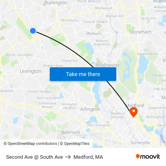 Second Ave @ South Ave to Medford, MA map