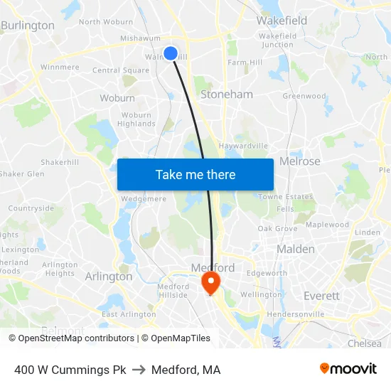 400 W Cummings Pk to Medford, MA map
