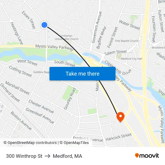 300 Winthrop St to Medford, MA map