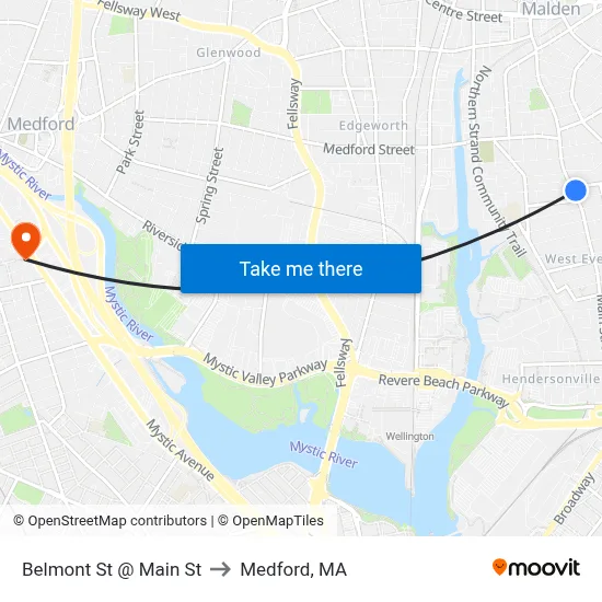 Belmont St @ Main St to Medford, MA map
