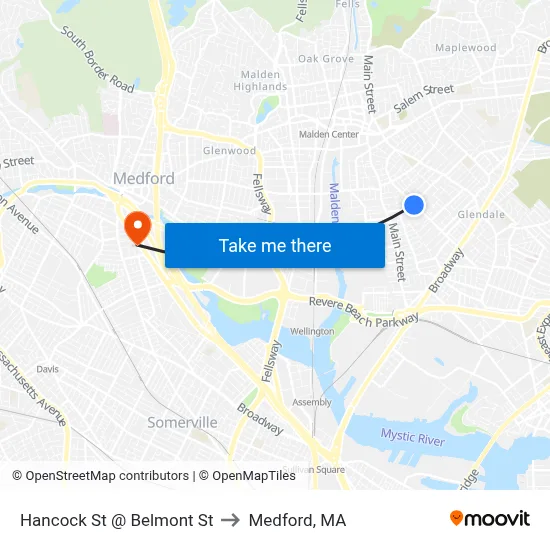 Hancock St @ Belmont St to Medford, MA map