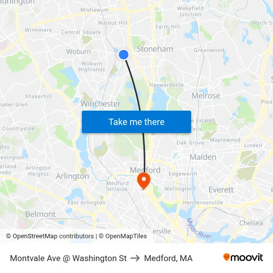 Montvale Ave @ Washington St to Medford, MA map