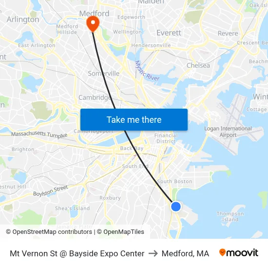 Mt Vernon St @ Bayside Expo Center to Medford, MA map