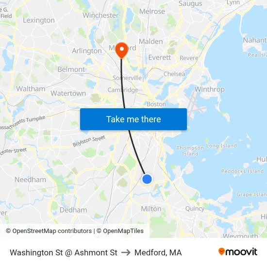 Washington St @ Ashmont St to Medford, MA map