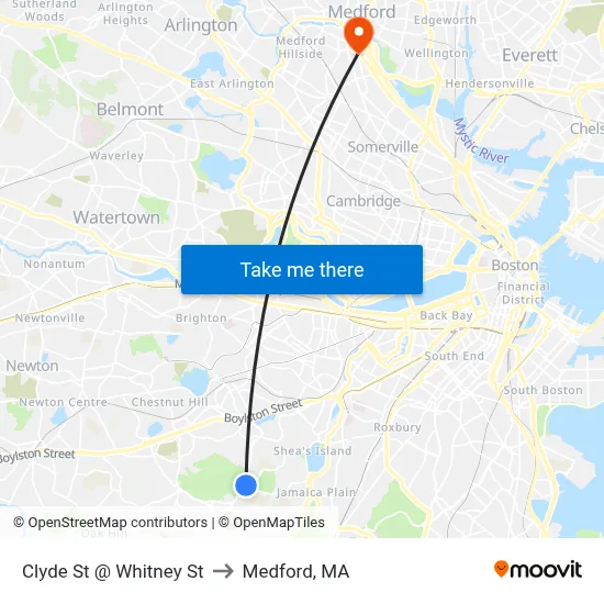 Clyde St @ Whitney St to Medford, MA map