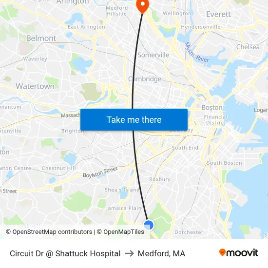 Circuit Dr @ Shattuck Hospital to Medford, MA map