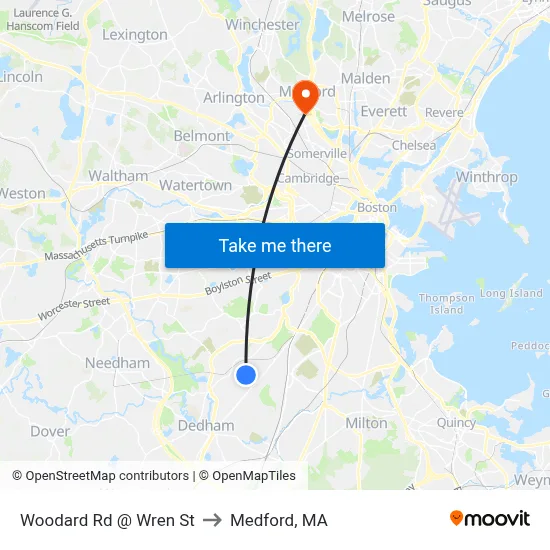 Woodard Rd @ Wren St to Medford, MA map