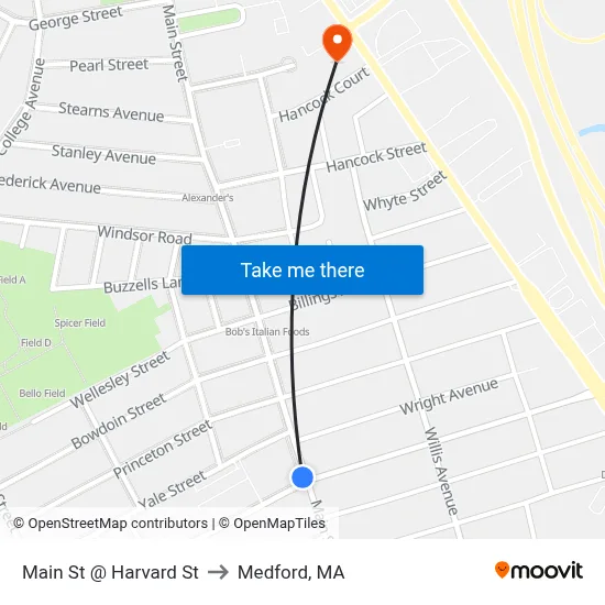 Main St @ Harvard St to Medford, MA map