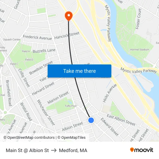 Main St @ Albion St to Medford, MA map