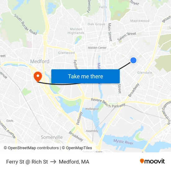 Ferry St @ Rich St to Medford, MA map