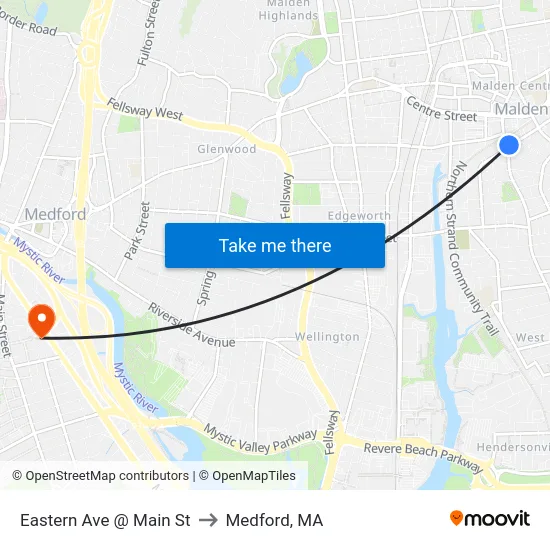 Eastern Ave @ Main St to Medford, MA map