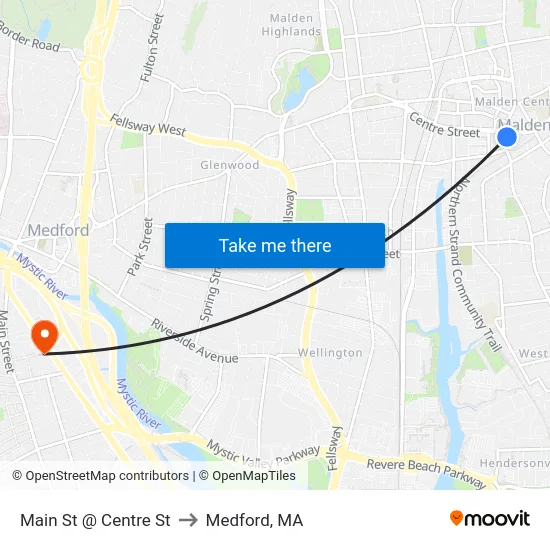 Main St @ Centre St to Medford, MA map