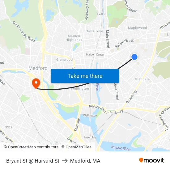Bryant St @ Harvard St to Medford, MA map