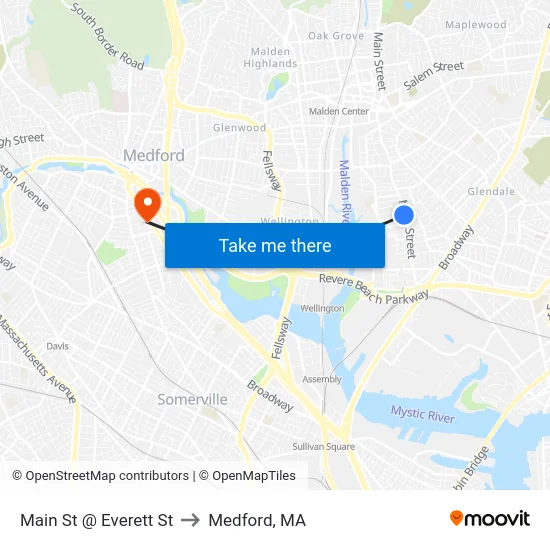 Main St @ Everett St to Medford, MA map