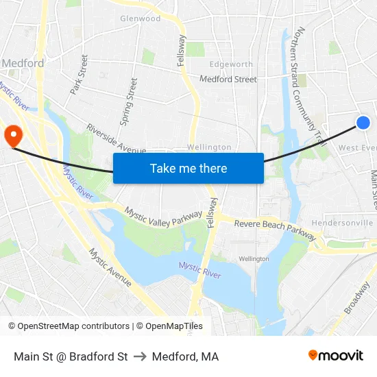 Main St @ Bradford St to Medford, MA map