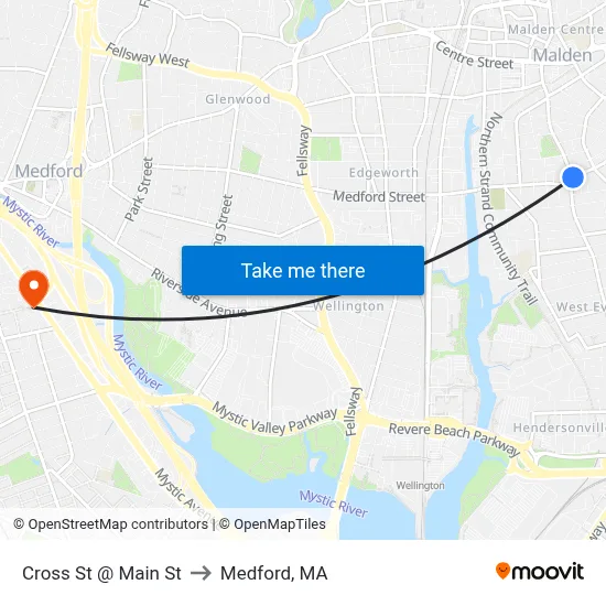 Cross St @ Main St to Medford, MA map