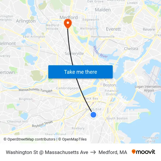 Washington St @ Massachusetts Ave to Medford, MA map