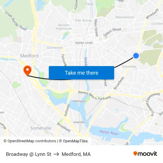 Broadway @ Lynn St to Medford, MA map