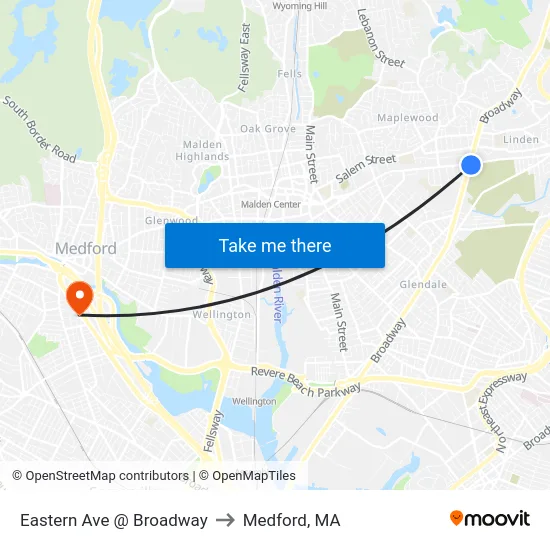 Eastern Ave @ Broadway to Medford, MA map