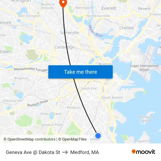 Geneva Ave @ Dakota St to Medford, MA map