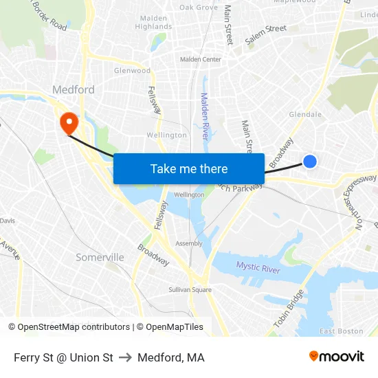 Ferry St @ Union St to Medford, MA map