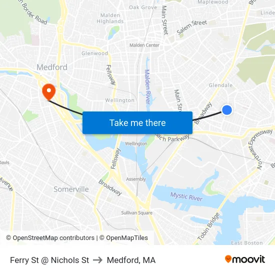 Ferry St @ Nichols St to Medford, MA map