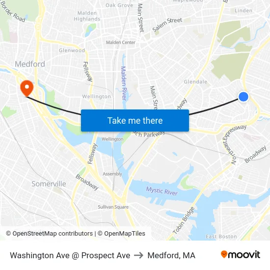 Washington Ave @ Prospect Ave to Medford, MA map