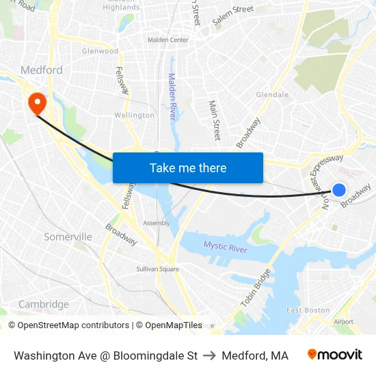 Washington Ave @ Bloomingdale St to Medford, MA map