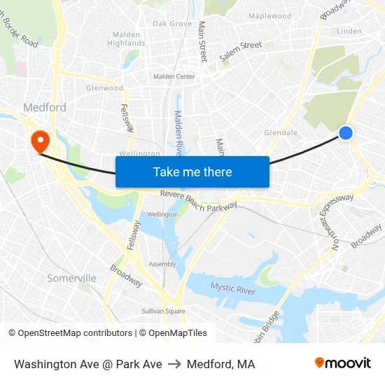 Washington Ave @ Park Ave to Medford, MA map