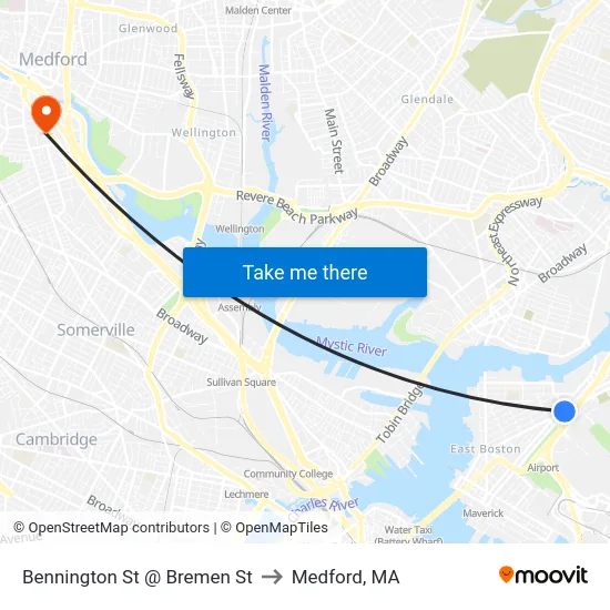 Bennington St @ Bremen St to Medford, MA map