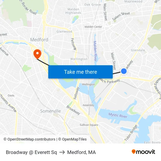 Broadway @ Everett Sq to Medford, MA map