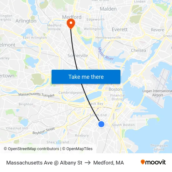 Massachusetts Ave @ Albany St to Medford, MA map