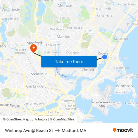 Winthrop Ave @ Beach St to Medford, MA map