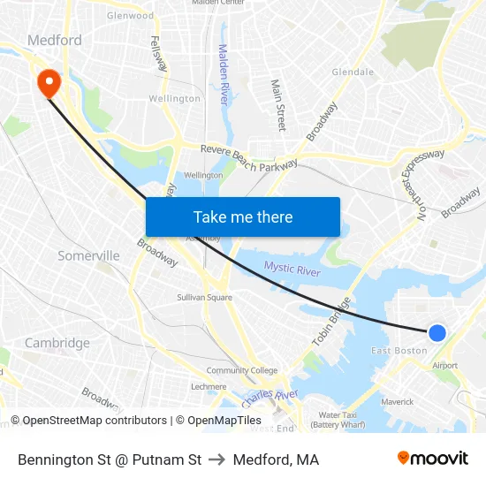 Bennington St @ Putnam St to Medford, MA map