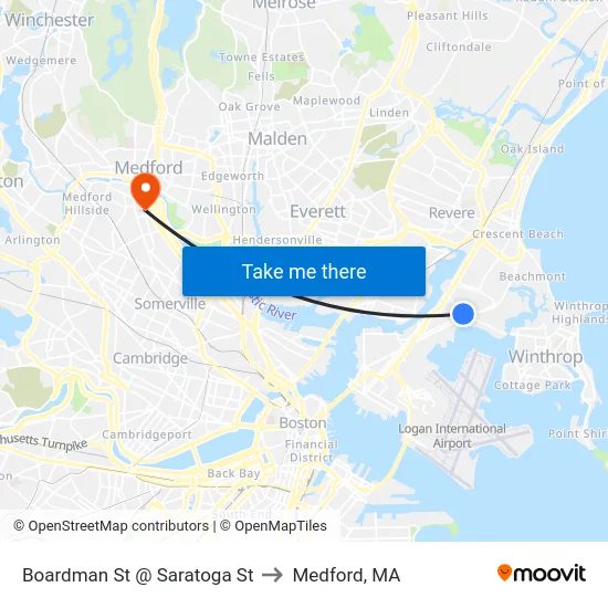 Boardman St @ Saratoga St to Medford, MA map