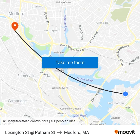 Lexington St @ Putnam St to Medford, MA map
