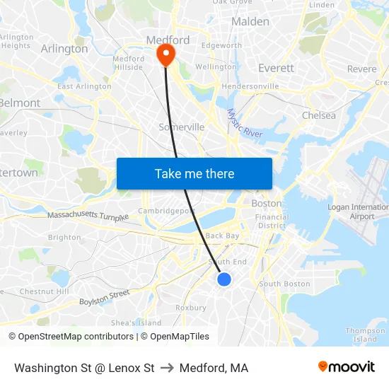 Washington St @ Lenox St to Medford, MA map