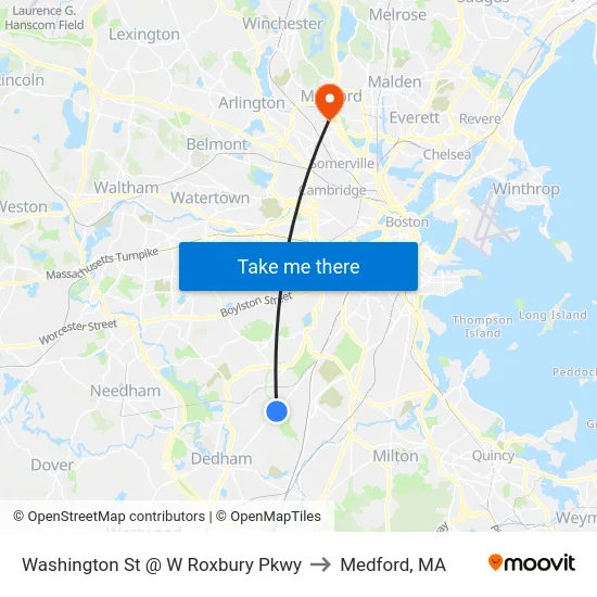 Washington St @ W Roxbury Pkwy to Medford, MA map