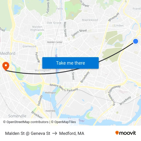 Malden St @ Geneva St to Medford, MA map