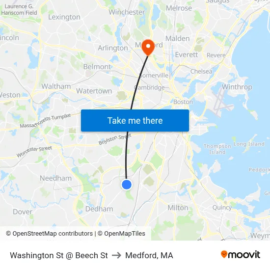 Washington St @ Beech St to Medford, MA map