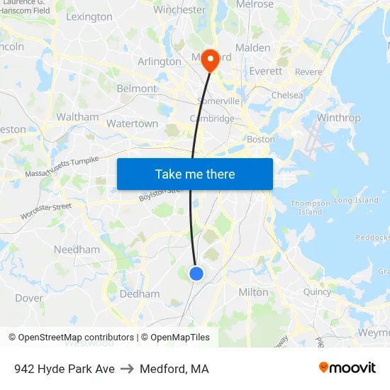 942 Hyde Park Ave to Medford, MA map